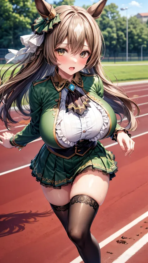 best quality,4k,8k,1girl,(gigantic breasts:1.3),orgasm,blush,sweat,aaasato, long hair, half updo, braid, hair between eyes, animal ears, ear ornament, horse tail, breasts, frills, black ascot, green dress, (sleeves past wrists:1.2), black thighhighs,mini s...