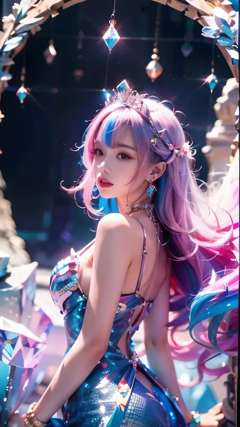 best quality，masterpiece，16k，1girl, bangs, bare shoulders, breasts, crown, crystal, dress, from side, gem,colorful crystals,crys...