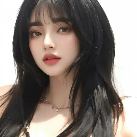  A close up of a woman with long black hair and a necklace., she has black hair with bangs, ulzzang, jinyoung pimple, heonhwa choe, Jaeyeon&#39;s name, korean girl, Xintong Chen, with bangs, xisionwu, parque me, wenfeiye, the cut of hime, Lalisa Manobal, B...