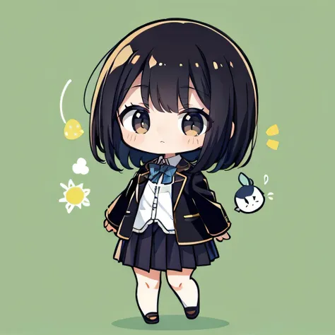 masterpiece, Best Quality, 
(Chibi:1.2),
 1 girl, full body, (jitome:1.2), jumping,  happy , Black Haired Bob peels his right side
brown blazer yellow pleated skirt
 