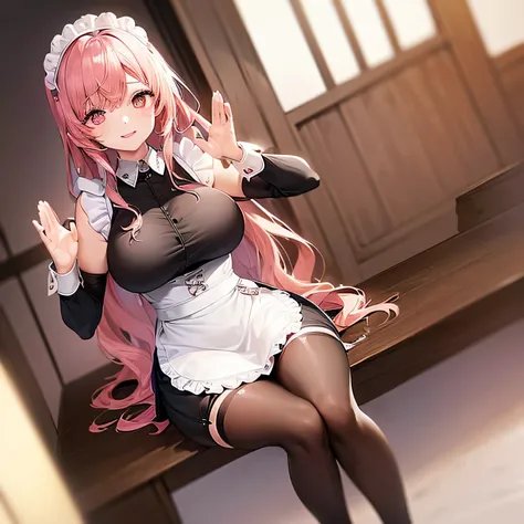 Best Quality)、(8k)、Glamorous woman、 mature woman 、(((Maid、黒いMaid服、 tight skirt、 slits that raise both hands、 white apron dress、 pink hair、 Wavy Hair 、Big Breasts)))、smile、( sitting with legs open 、Skirt with )