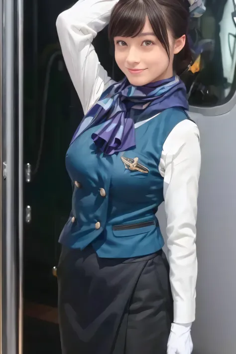 (masterpiece:1.2, Best Quality:1.2), 32kHDR,  kampala, (Alone、  1 girl)、（What is 、 Professional Lighting）、In-flight background、（Nankai Train crew uniformを着たリアルなスタイル）、（（  Nankai Train Crew Uniform Collarless Blouse Long Sleeve 、 Black Curled Culottes Skirt ...