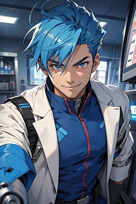 man, blue hair, robot, strong, smile, lab coat, laboratory, android, anime style