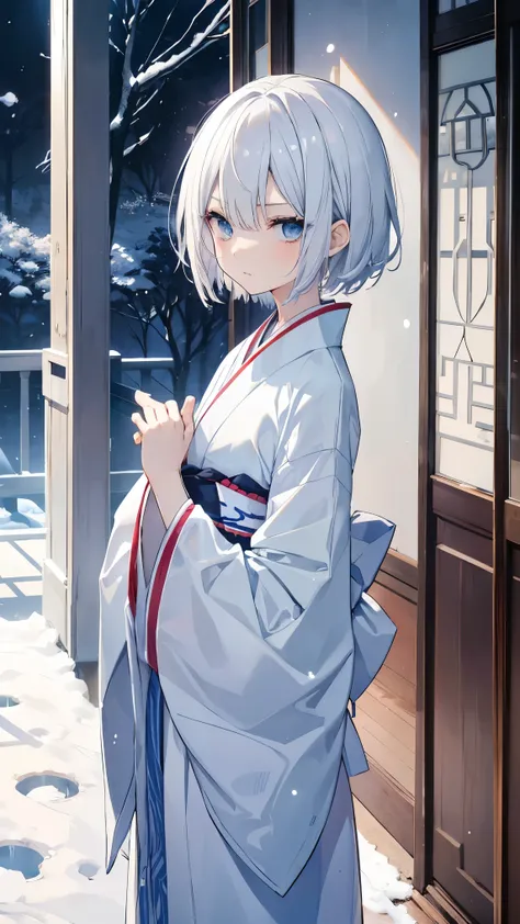 Best Quality、 Silver Hair、(Whitening skin)、 light blue eyes、 very short hair , straight hair、Petite、Slanted Eyes、Bad mood、 slender、kimono、valley、Mansion、 slender、naked、bedroom、、snow pattern,