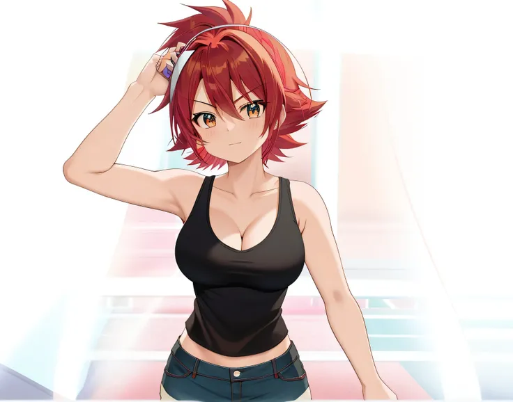 床に立っている red hairの anime girl,  anime girl,  anime styleキャラクター, clothing: black tank top , Girl wearing denim shorts,  anime styleで, Big Breasts,  girl with big breasts,  Anime Style ,  anime style, Muscular Woman, Knight of the Zodiac Girl, Short Hair,  re...