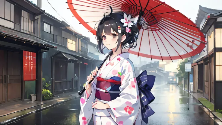  cute  beautiful sendir wearing yukata walking manuju I used an umbrella on the old street on another rainy day and finally got home
