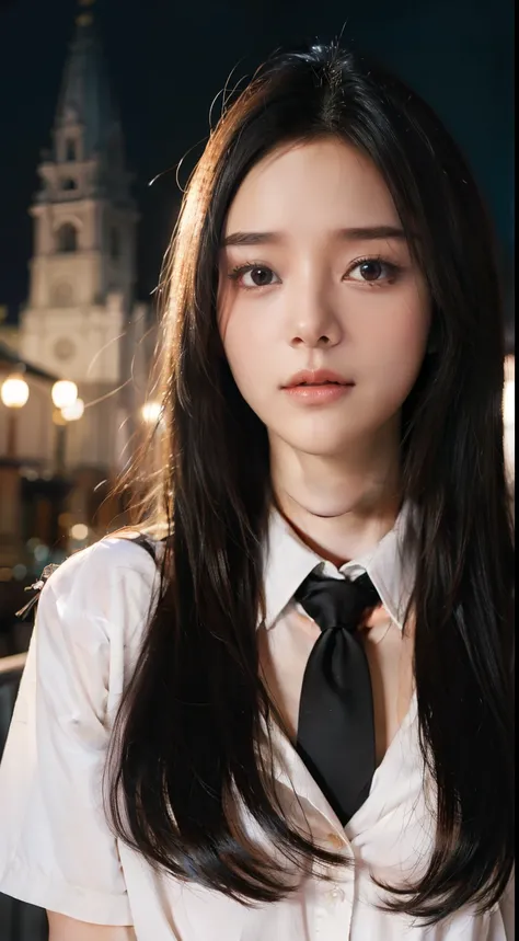 realistic photos of 1 cute Korean star, straight hair, hair flying, white skin, thin makeup, 32 inch breasts size, wearing waist tie shirt, cathedral is backdrop, night, close-up portrait, Ghibli-like colours, UHD