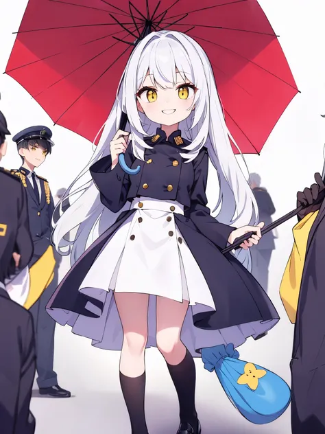 Holding an umbrella、 Silver Hair、 yellow eyes、smile、uniform、 simple background