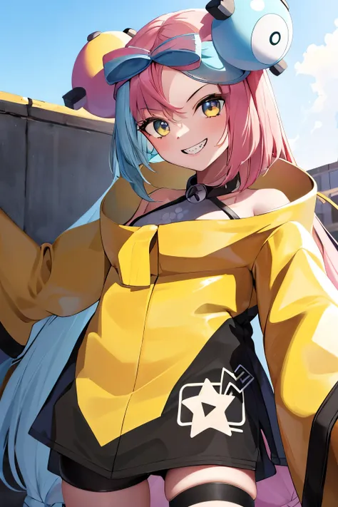 masterpiece, Best Quality,  Hi-Res, ION 1,  1 girl, Long Hair,   yellow jacket , street,  long sleeve , Cowboy Shooting, smile