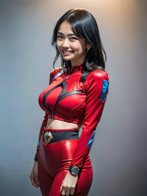 （8k、Raw photography、Best Quality、masterpiece：1.2),(Black Hair、Dark Eyes:1.9),(red plug suit:1.5)、 viewers,Front View,(hero, blue ranger:1.4)、(Tight waist:1.6)、(Clothes that accentuate the shape of the breasts:1.4)、(Big Breasts :1.2)、 Slim Body 、 ultra high...