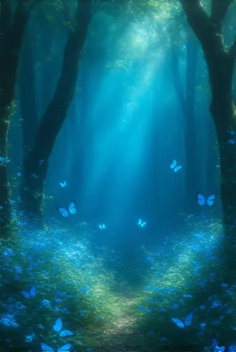  a blue forest with bright and beautiful ,  lighting with lots of detailed flowers and butterflies. The lighting comes from above ,  and on the screen there are tree leaves 