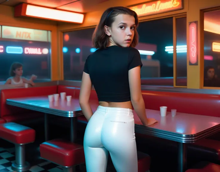 millie bobby brown, , revealing tight plain t-shirt and tight shiny leggings, trainers, standing in a diner in the 1980s at nigh...