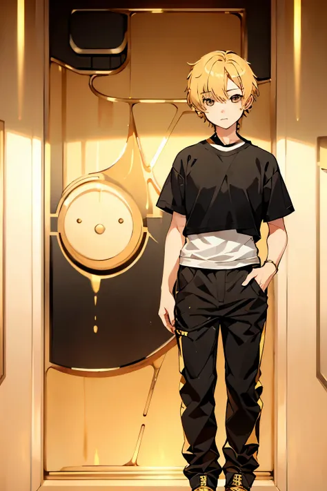 full body, boyish, ((golden short hair)), black eyes, boy, golden hair