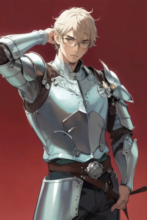 masterpiece,best quality,Best Quality, Details, Perfect One Man , beautiful face, adult,Man in Armor , Fantasy ,anime,(cowboy shot),((no hat:1.5)), simple background, medium hair,(square glasses:1.2),