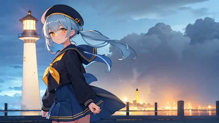 a close up shot, close up shot, a girl, walking, back to lighthouse, anxious expression, 20 years old with ((((blue sky)) ponytailed hair)), yellow glowing eyes, wearing (((dark blue sailor uniform))), skirt, dark captain hat, night time, heavy rainy night...