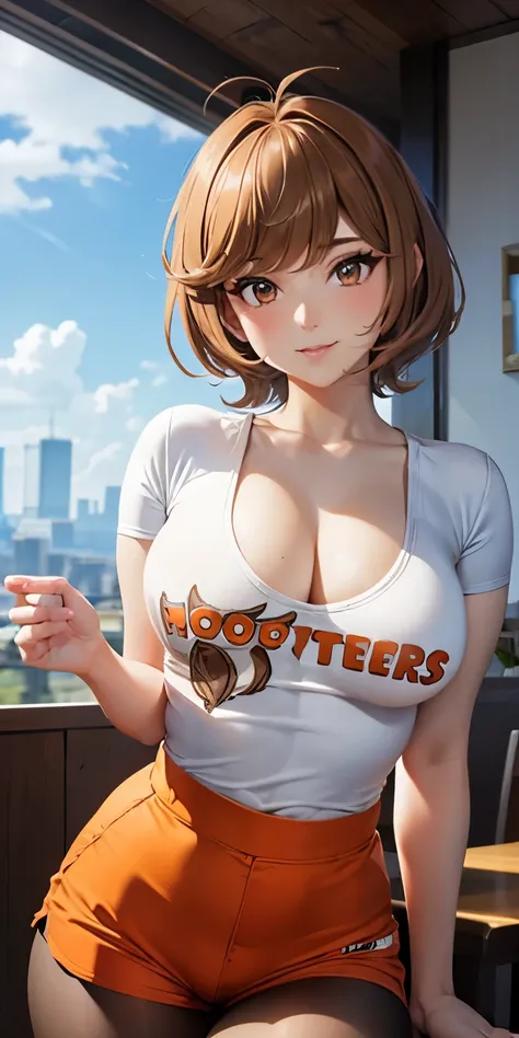 1 Female,High definition,high resolution,Ultra-realistic,8K,hmza, short hair, antenna hair, brown eyes, large breasts,white shirt, hooters, orange shorts, pantyhose,European,sexy,Upper body close-up,Photographed from the front,Dynamic Angles, beautiful fac...