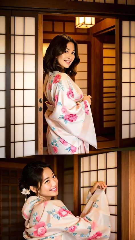 A mature 50 age japanese big breast dressed in a traditional kimono standing by a shoji (paper sliding door) in a traditional Japanese room. The woman has smooth, fair skin and dark hair styled in an elegant updo with a floral hair ornament. She is smiling...