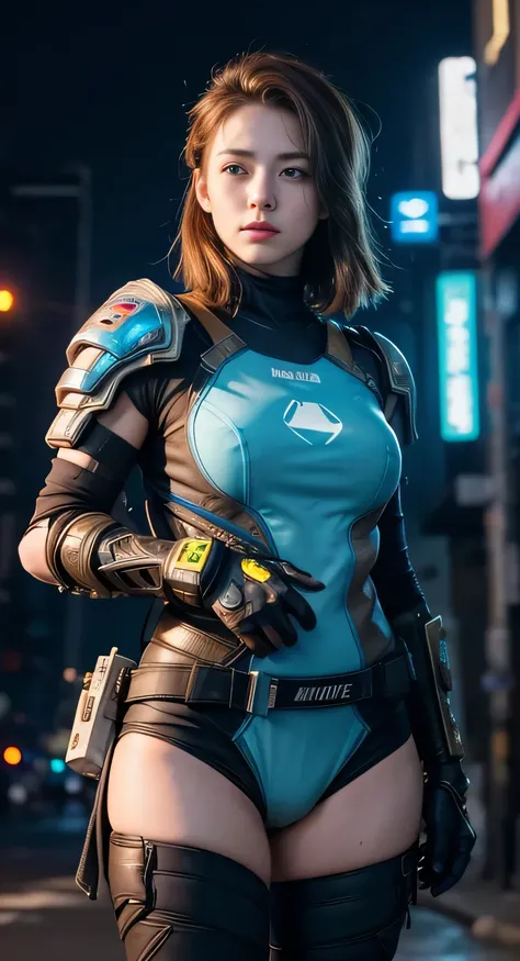 masterpiece,  best quality, , (solo), 1girl, look up, dim light, , Horizon_(apex legends), goggles, blue eyes, brown hair, gauntlets, shoulder armor,  headwear, (freckles:0.5), , (science_fiction), outdoors, street, neon lights, cyberpunk,