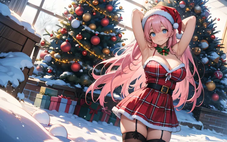 "anime girl, 1 person, long messy pink hair, blue eyes, santa hat, red plaid santa shirt, red plaid red dress, stockings with lace garter, ((extremely large breasts)), plunge neckline, ((big cleavage)), solo, standing cross-legged and hands on hips, (((fal...