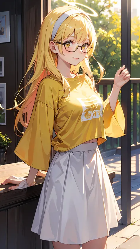 1girl, , (smiled:1.1, blush:1.1, long hair, mature:1.1, white headband:1.1), yellow hair, white eyes:1.2, angel halo:1.4, medium breast, cute, wallpaper, landscape, depth of field, morning, park, light particles, light rays, sidelighting, (yellow long T-sh...