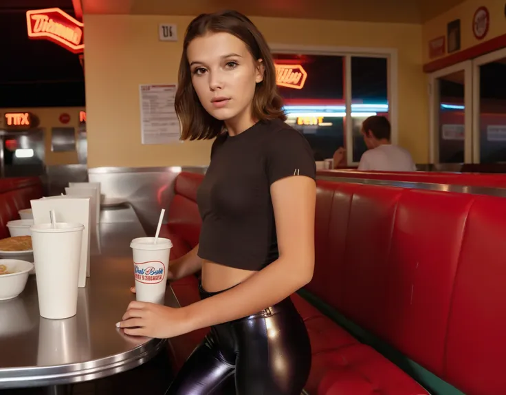 millie bobby brown, , revealing tight plain cotton t-shirt and tight shiny leggings, trainers, standing in a diner in the 1980s ...