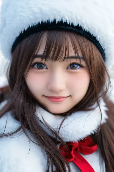 detailed face, detailed eyes,detailed lips, detailed eyes and face, cute smiling japanese teenager girl, fantasy,Snow Country costumes,Fluffy hat,Commemorative photo with a bearuffy hat,