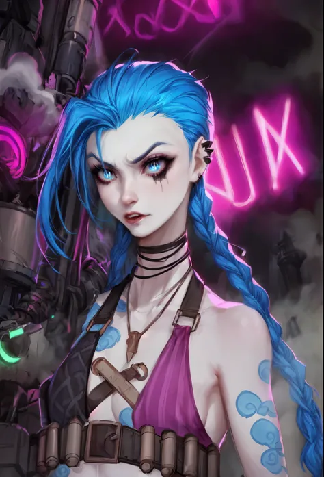 Solo focus, (female focus:1.2), (Jinx: 1.37) from League of Legends, twin blue braids, pale skin, manic expression, standing in a dark alley, (neon lights:1.3), wielding signature weapons, Fishbones (shark-themed rocket launcher), Pow-Pow (large minigun), ...