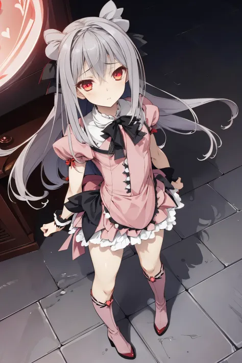 NSFW,masterpiece,Best Quality, Hi-Res, very detailed,Sakurakoji Luna,Grey Hair, long hair,Red eyes,Small breasts,( Magical Girl:1.3), dress, spats, boots,Nightlife, is standing