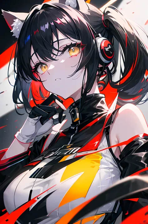  One Female Virtual Idol 、Black Hair、 ponytails、headphones with cat ears 、 yellow eyes、Slanted Eyes、 gray and red costume 、 exposes the shoulders、Black Gloves、 Anime Style 、 digital art、 masterpiece。