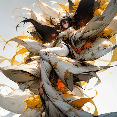 Nine-tailed fox, smiling, black hair, full-length view, white costume, no background, active