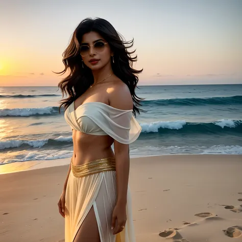 Create a realistic portrait of a stunning 30-year-old Indian female influencer with the striking beauty and confidence of Priyanka Chopra, standing in a relaxed pose on a beach. She has a warm, sun-kissed complexion, intense dark eyes, and a subtle, confid...