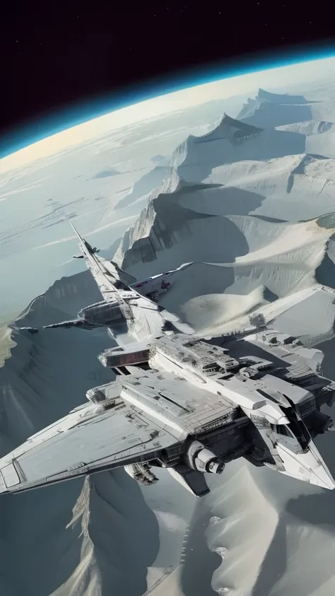 A giant spaceship flies through a mountain valley,Aerial view 