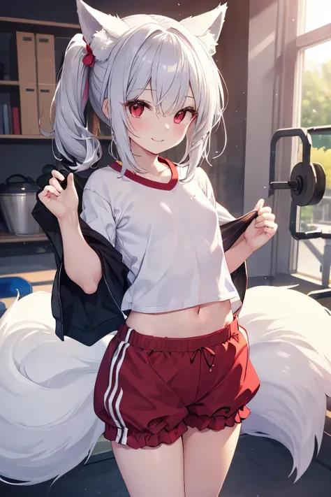    silver hair、 red eyes、   fox ears、   girl、    small breasts、   ponytails、   girl、   small breasts、Bright smile、Good physique 、Flat-chested        girl、    hes short、  School gym clothes、Bloomers、fluffy tail   、  sexy thighs、 eyes are shiny 