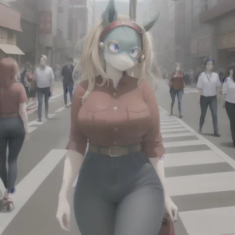 ippan _ woman in red shirt and blue jeans walks through a busy Japanese crosswalk,  shirt pocket ,  two-tone leather , the giantess, muzzle, masterpiece,  best quality