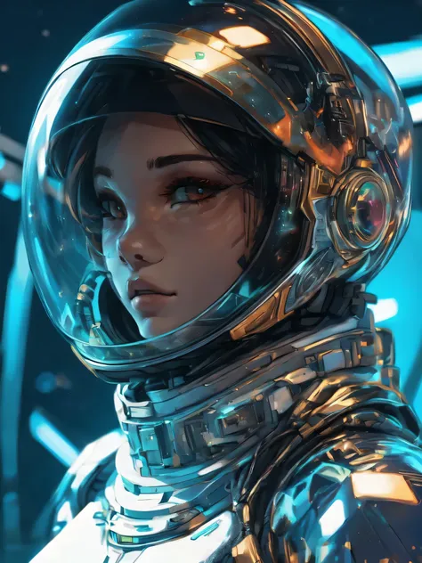 Wearing a space suit、 Araf Woman in a Helmet ,   portrait of an armored astronaut girl  ,  Portrait of an Anime Space Cadet Girl , beautiful woman Wearing a space suit,  Portrait of a Beautiful Sci-fi Girl ,  Portrait of an Artificial Intelligence Astronau...