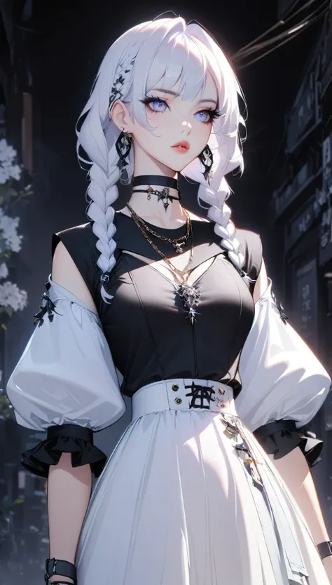 1 Girl, 蓝色of_Eye, Vague, Vague_background, braid, choker, depth_of_site, skirt, earrings, eyelash, freckle, hair_Exceed_Shoulder, Jewelry, Lips, 长of_hair, 长of_sleeve, Check_exist_Check者, necklace, period, fluffy_长of_sleeve, fluffy_sleeve, 实际of, 单身of_braid,...