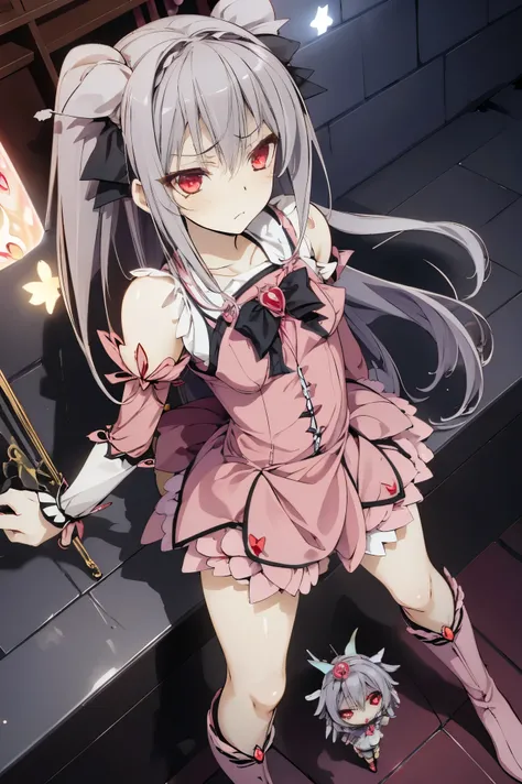 NSFW,masterpiece,Best Quality, Hi-Res, very detailed,Sakurakoji Luna,Grey Hair, long hair,Red eyes,Small breasts,( Magical Girl:1.5), dress,Shoulder Bare, micro mini skirt, spats, boots,Nightlife,Hotel district, is standing,Dissatisfied face,(prostitution:...