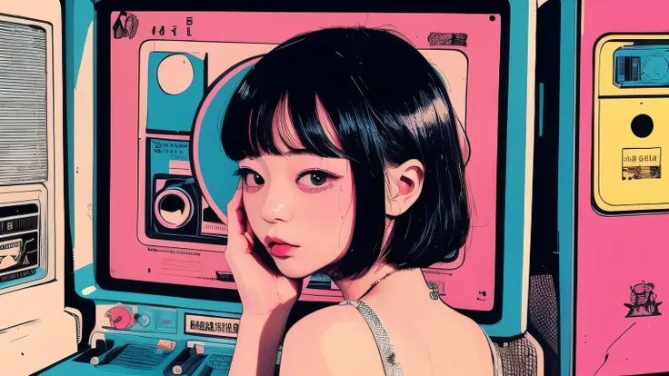 (masterpiece, best quality), 1girl,  lofi artstyle, retro aesthetic, pop art、plasma、