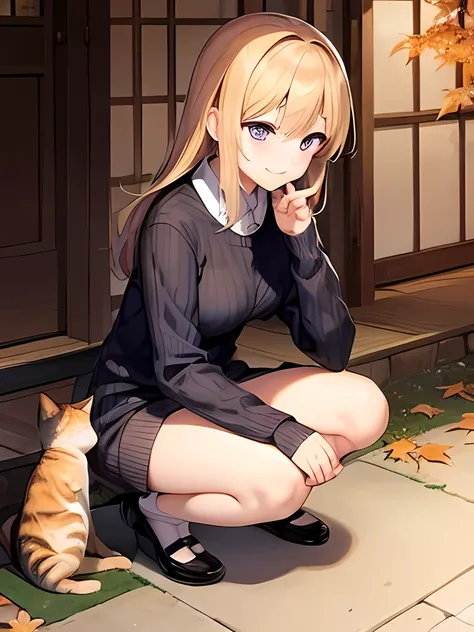 ((Petting a cat))、  Japanese、woman、18 years old、  very slender 、 autumn leaves、(sweater)、 smile、 Thin legs