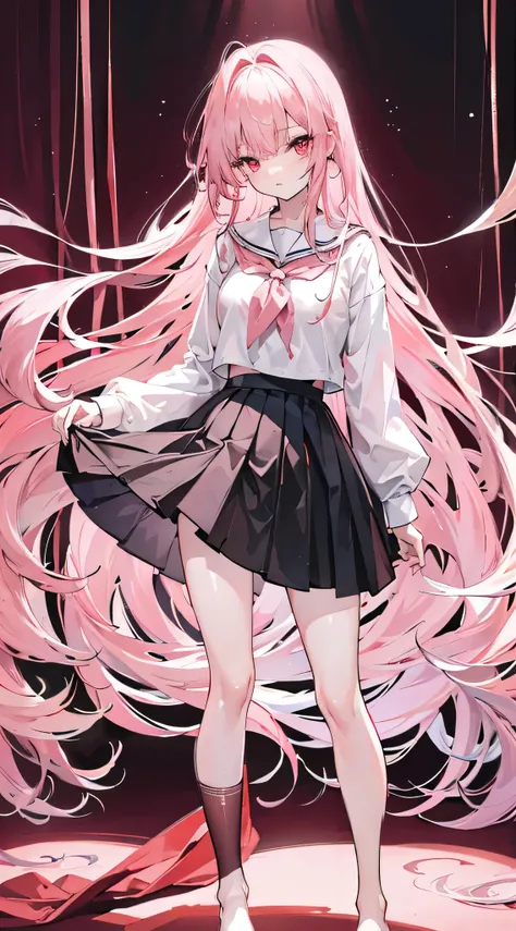  long pale pink hair ， hair curtain ， loose hair curtain ，red eyes，Published ，General school  ， short skirt，Bare legs， bending over to pick something up， floor to top ， the girl is in good shape ，