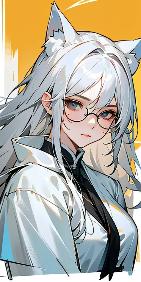 medium close up portrait of woman with white hair and white mask and white cat ears, white cat ears, fluffy cat ears, loose black tie, golden glasses, ornate white clothing, gold lining, her hair is blown in her face, strands of hair cross her face, soft s...