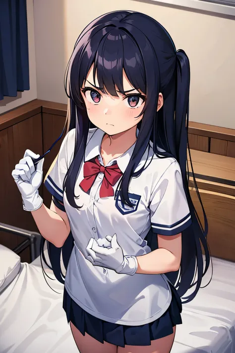 a girl, a high school student, wearing school uniform, small breasts, wearing a pair of thin rubber gloves, in the quiet schools nurses room, standing near the bed, angry face