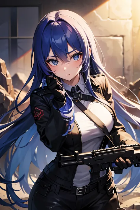 A rough battlefield in the near future、Holding a gun、Beauty、Long Hair,  Hi-Res, 