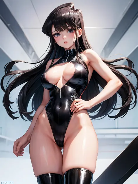 Komi Shouko　Grid Girls　Costume with sponsor logo, white striped black enamel leotard　Big Breasts　High leg　Super shiny black stockings　Knee-high boots　In the race track　Armpit