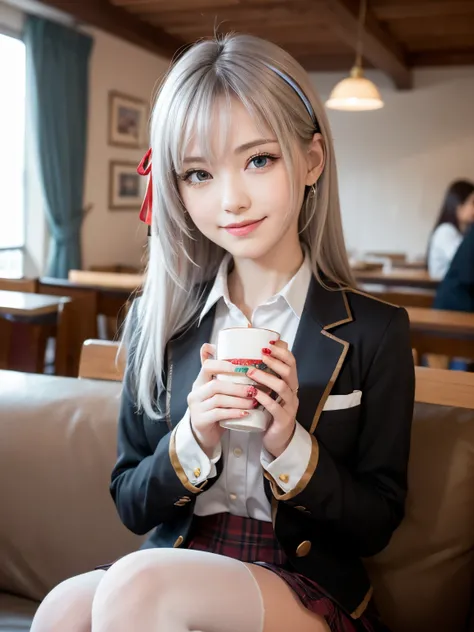 (cute Russian girl), Looking at camera,
break 
(Shot with Canon EOS 5D Mark 4 and Canon EF Lens 85mm F1.2L lens, F value 1.2, ISO 50, shutter speed 64), 
break
(upper body:1.75), (slender body:1.5), sitting on sofa, 
break
(((Smiling while drinking Russian...