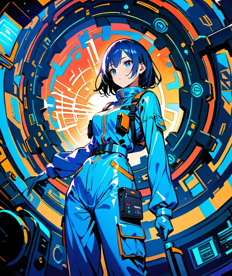 Girl wearing gloves in a blue enamel shiny boiler suit,The background is complex and precise machinery and equipment、 control panel 