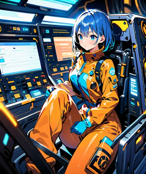 Girl wearing gloves in a blue enamel shiny boiler suit,The background is complex and precise machinery and equipment、 control panel 