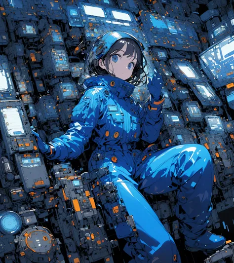 Girl wearing gloves in a blue enamel shiny boiler suit,The background is complex and precise machinery and equipment、 control panel 