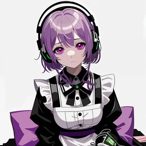 1girl, anime, lavender_medium_messy_bob_with_bangs_hair, magenta_eyes, headphones_around_neck, green_maid_dress, emotionless, sitting_on_the_floor, white_background, looking_up_at_the_viewer