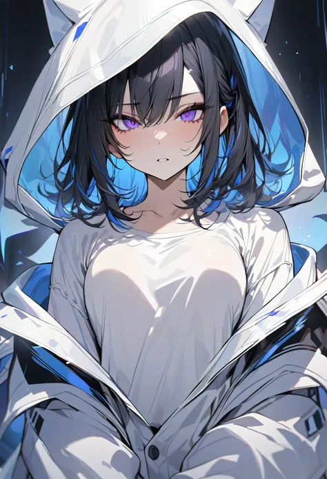 Masterpiece, highres, 1 female, solo, medium length hair, wolf cut hairstyle, black hair with side blue highlights, sharp eyes, violet eyes, white shirt, white hood, white pants, half body shot.